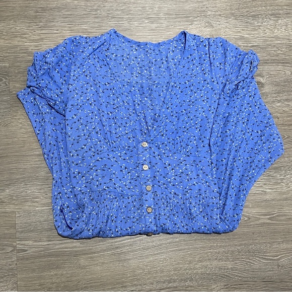 Blue Floral Print Button Front Puff Sleeve Teacher-Style Dress — Medium - Picture 9 of 11